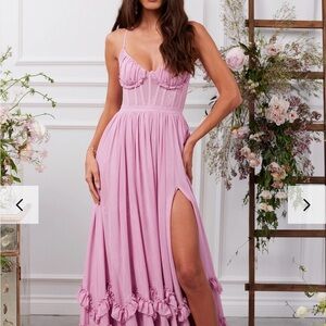 V. Chapman Mauve Carmen Dress with Ruffle Details